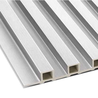 Close-up of the Tany Grey WPC Fluted Slat Wall Panel by Landmark Decor, showing its grooved surface and rectangular fluted design, ideal for modern wall cladding.