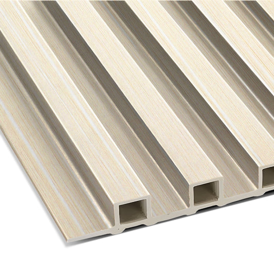 Close-up view of Ebony Gray WPC Fluted Slat Wall Panel by Landmark Decor, featuring a textured surface and multiple vertical grooves—ideal for accent walls or stylish wall cladding.