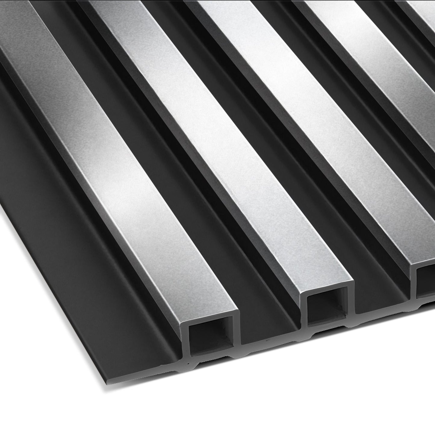 Close-up of Landmark Decor's Bright Silver WPC Fluted Slat Wall Panel, a metallic rectangular panel with raised and recessed sections, ideal for accent walls or stylish cladding, shown at an angle.