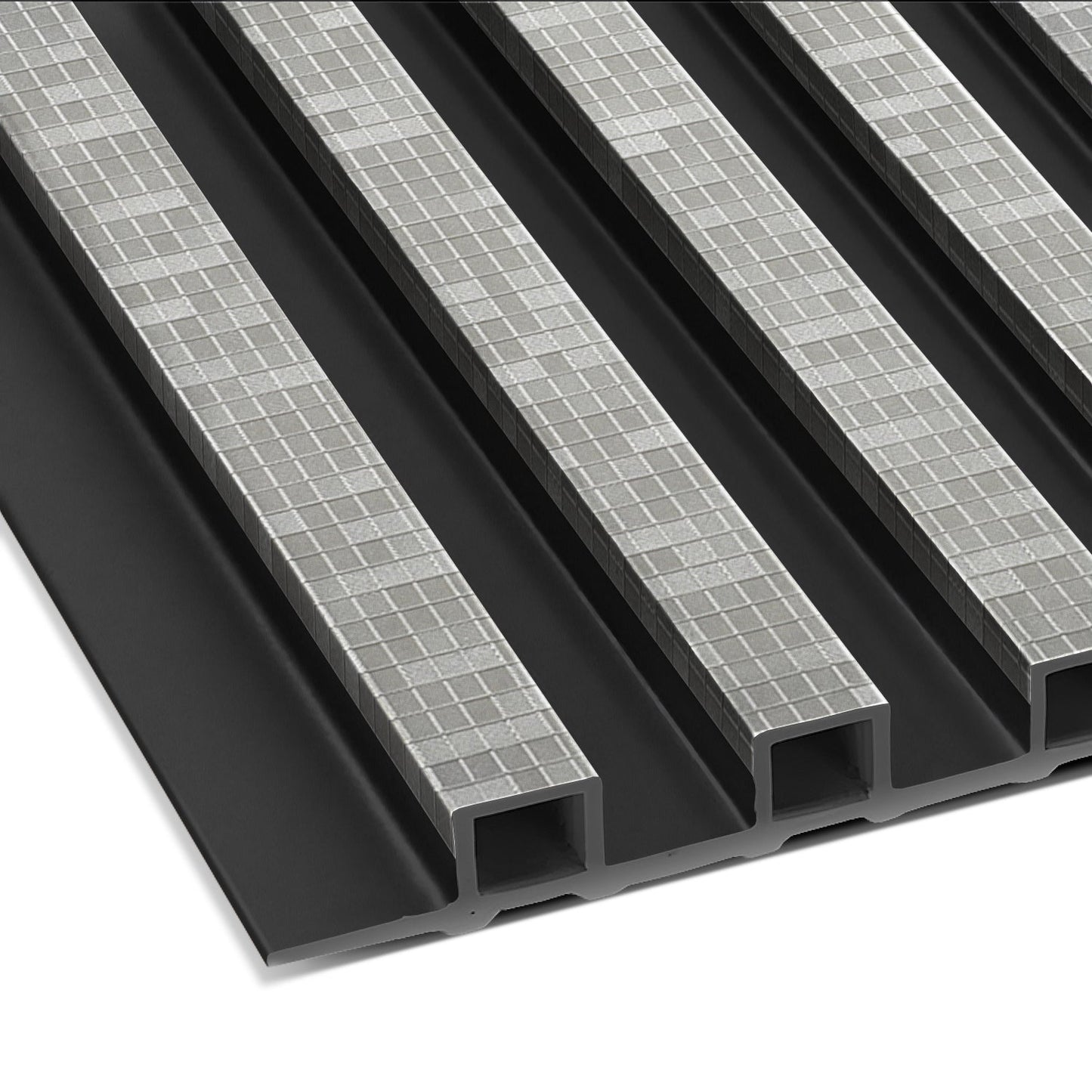 Close-up of Landmark Decor's Urban Mist Mosaic WPC Fluted Slat Wall Panel in black, highlighting grooved surfaces and checkered metal strips—ideal for modern accent or contemporary interior wall paneling.