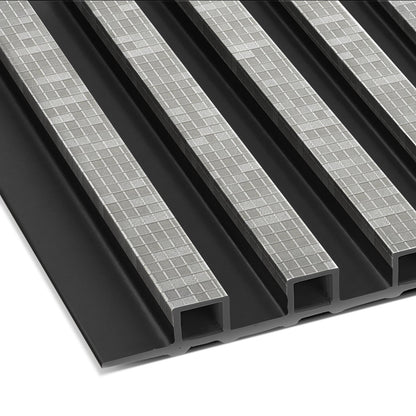 Close-up of Landmark Decor's Urban Mist Mosaic WPC Fluted Slat Wall Panel in black, highlighting grooved surfaces and checkered metal strips—ideal for modern accent or contemporary interior wall paneling.