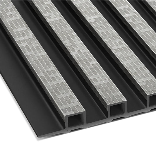 Close-up of Landmark Decor's Urban Mist Mosaic WPC Fluted Slat Wall Panel in black, highlighting grooved surfaces and checkered metal strips—ideal for modern accent or contemporary interior wall paneling.