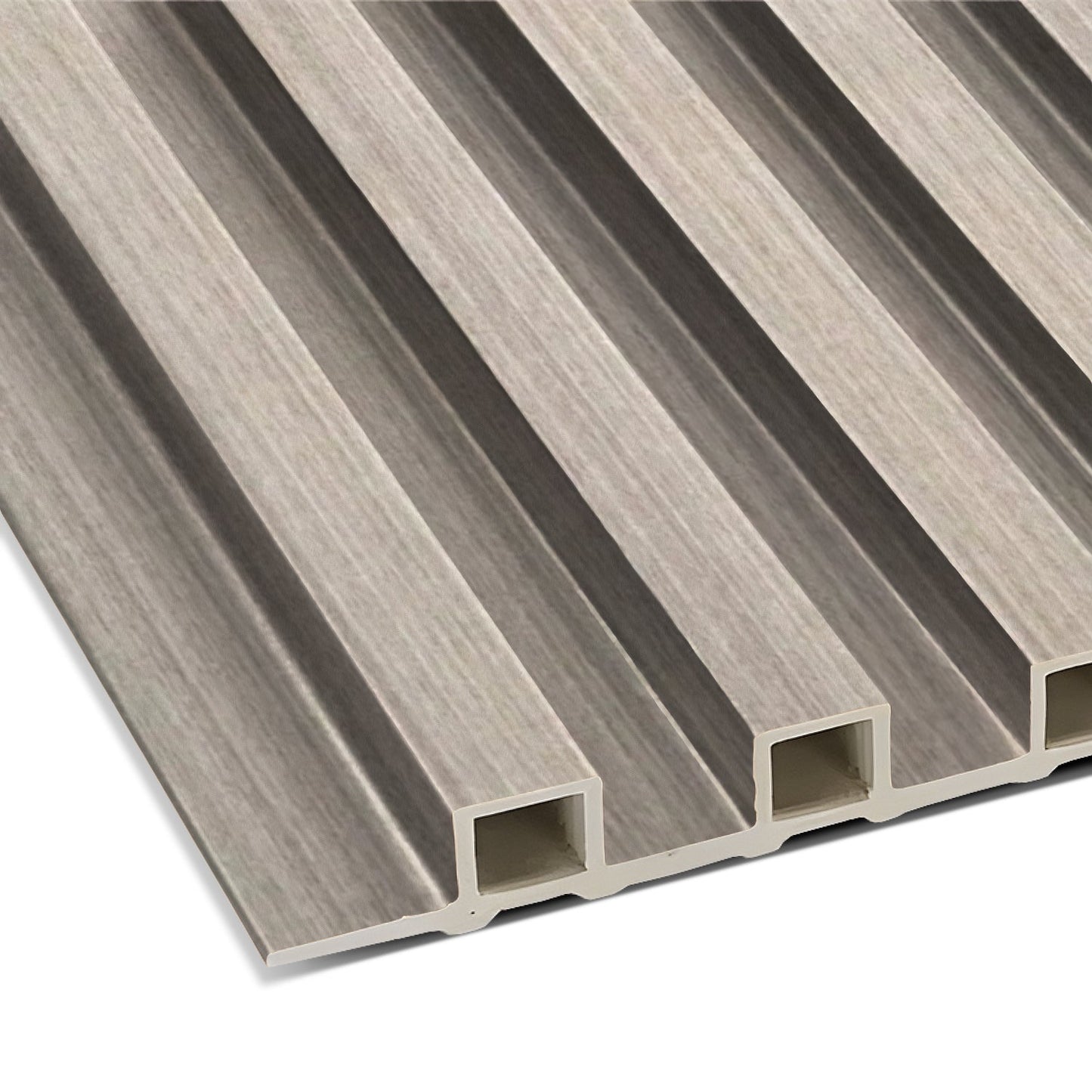 A close-up of the Light Gray WPC Fluted Slat Wall Panel by Landmark Decor, showcasing its wood-like finish and rectangular hollow channels—perfect for accent walls or wall cladding.