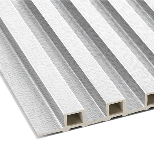 Close-up of the Landmark Decor Cloud Veil WPC Fluted Slat Wall Panel—a white, rectangular interior panel with a grooved surface and hollow core, ideal for accent walls and improved sound insulation.