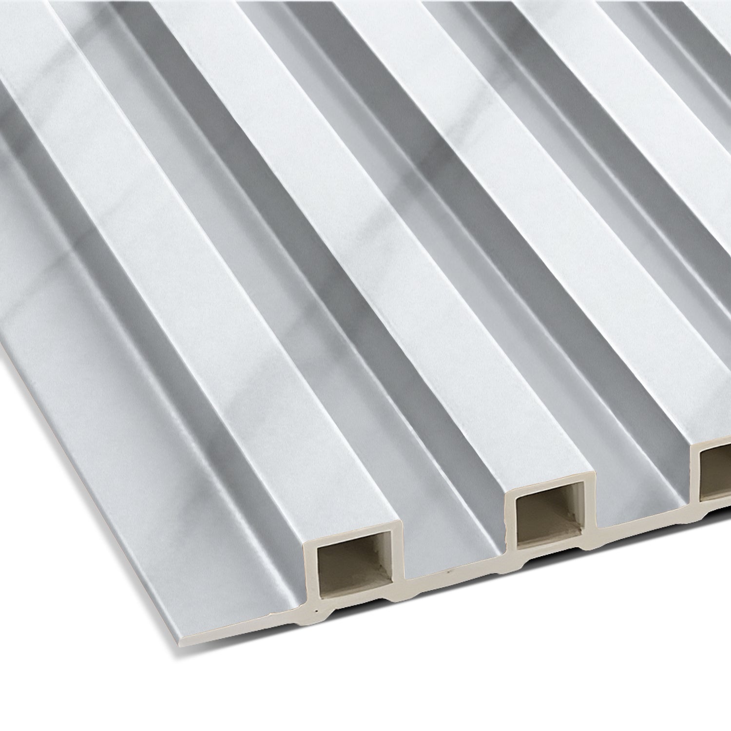 Close-up of the Landmark Decor Light Smoke WPC Fluted Slat Wall Panel, featuring rectangular grooves and a glossy finish—perfect for modern accent walls or stylish interior paneling.