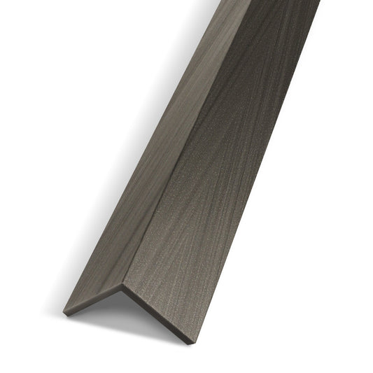 A close-up of the Landmark Decor Ebony Chevron Interior WPC Panel Corner, featuring a brown textured L shape, ideal for reinforcing wall or panel edges, displayed against a white background.