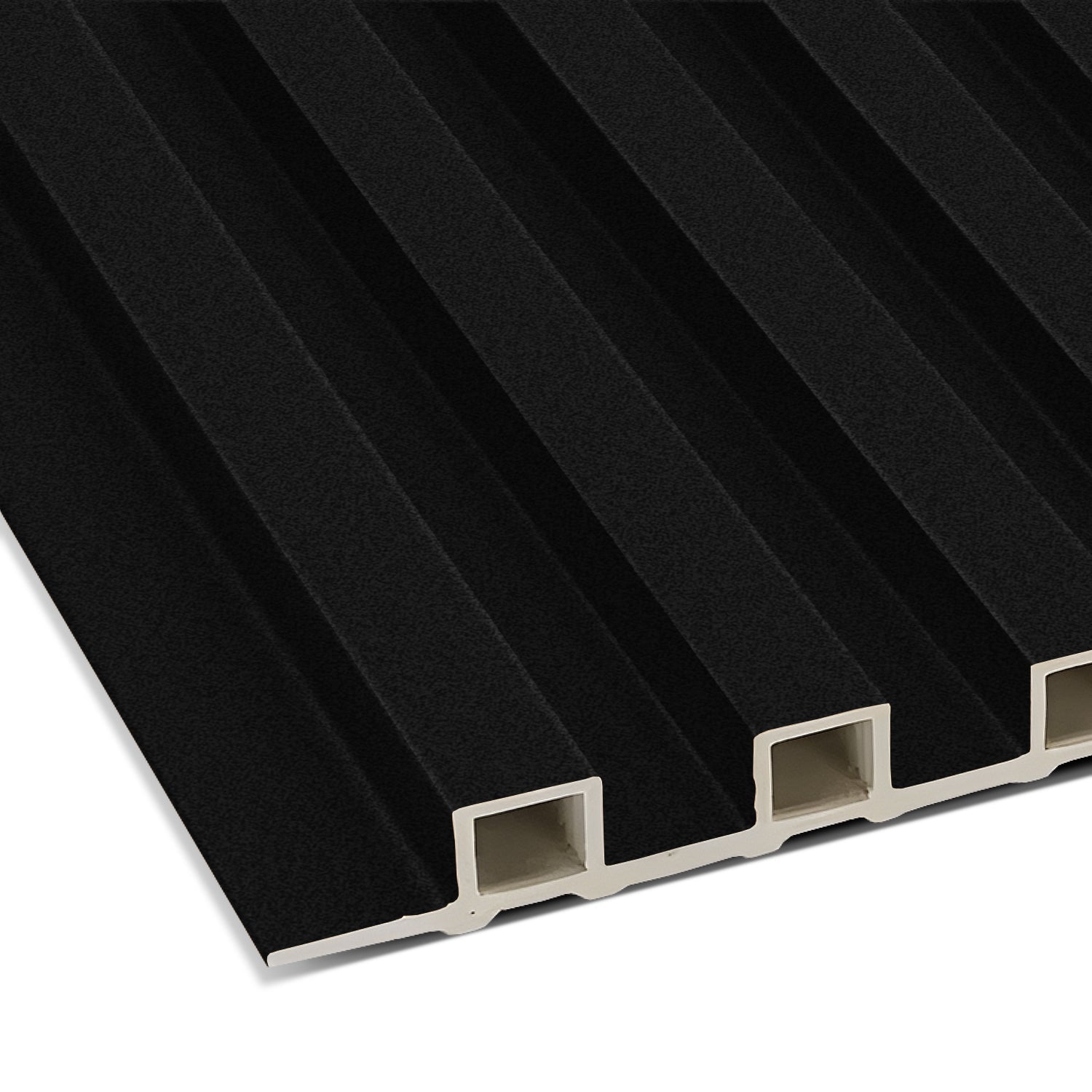 A close-up of the Absolute Noir WPC Fluted Slat Wall Panel by Landmark Decor shows its black grooves, four rectangular hollow sections, and white core—ideal for stylish accent walls or modern interiors.