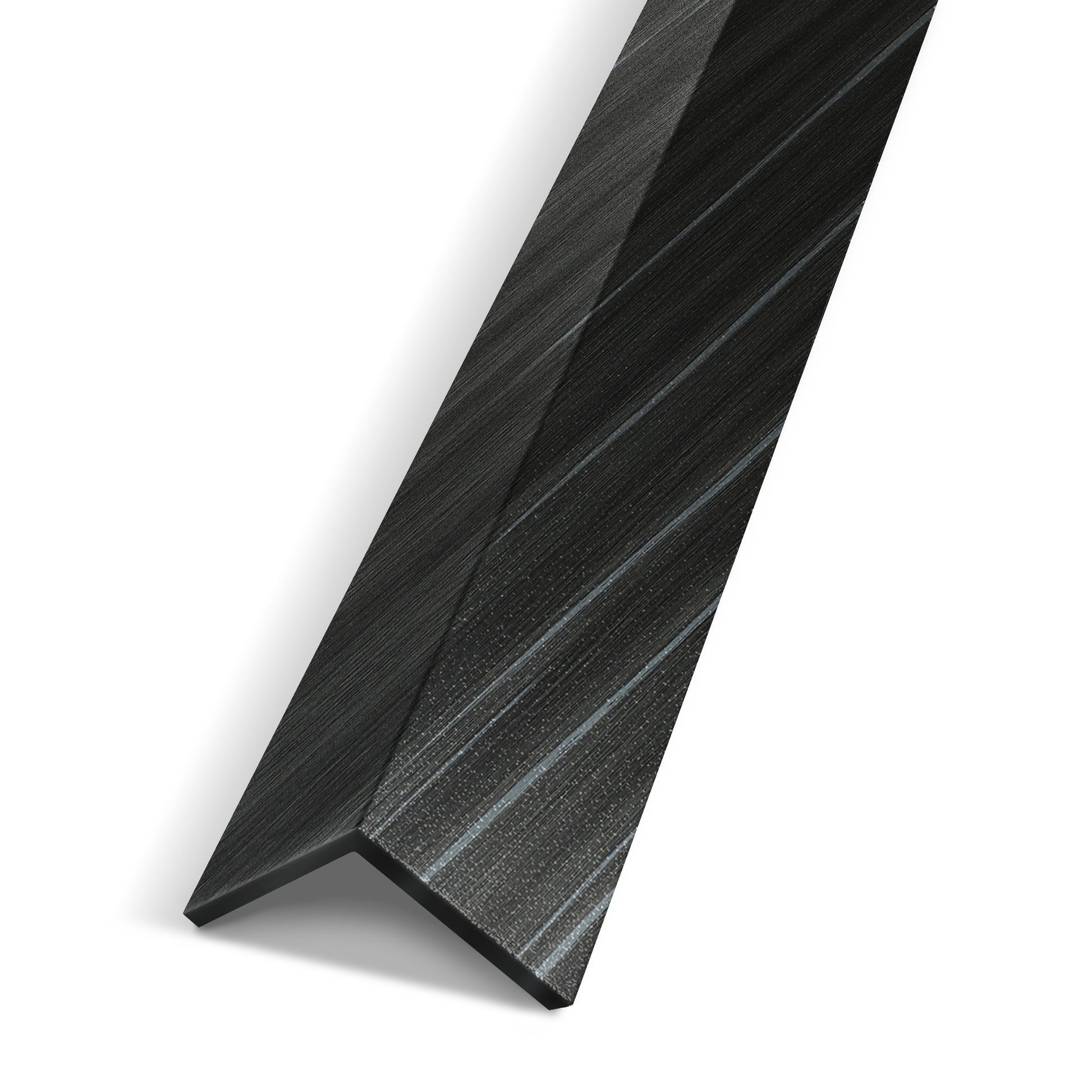 The Landmark Decor Carbon Black Interior WPC Panel Corner is a black, L-shaped metal trim with a subtle diagonal grain, ideal for finishing wall edges or supporting panel corners, shown on a white background.