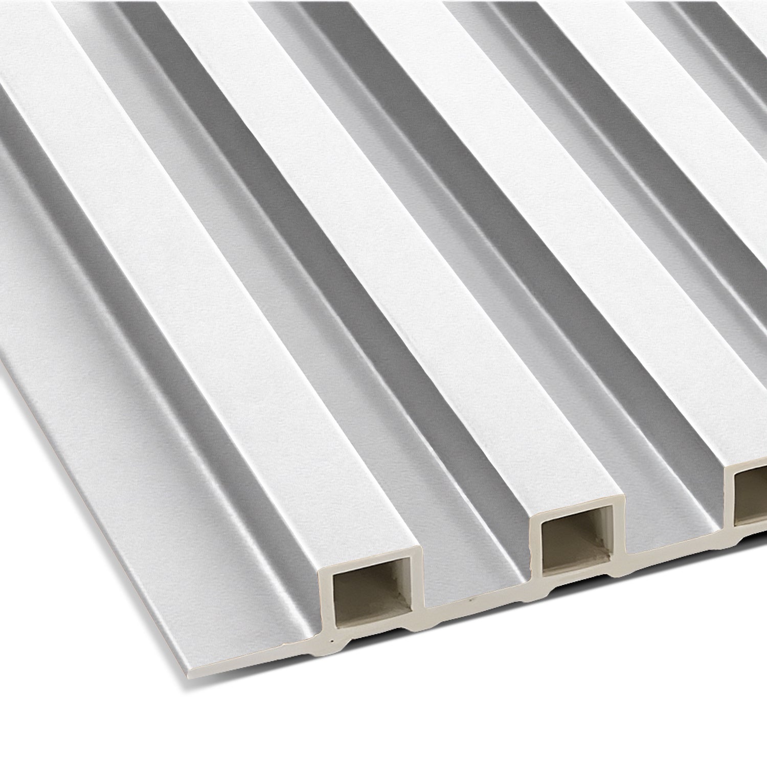 Close-up of the Landmark Decor Snowline Mattet WPC Fluted Slat Wall Panel—a white, rectangular panel with evenly spaced grooves and ridges, perfect for accent walls or modern interiors.