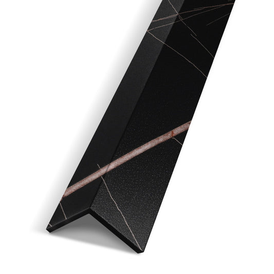 The Landmark Decor Rosso Noir Vein Interior WPC Panel Corner is a black marble-look L-shaped trim with white and brown veining, ideal for finishing wall edges in any wall project.