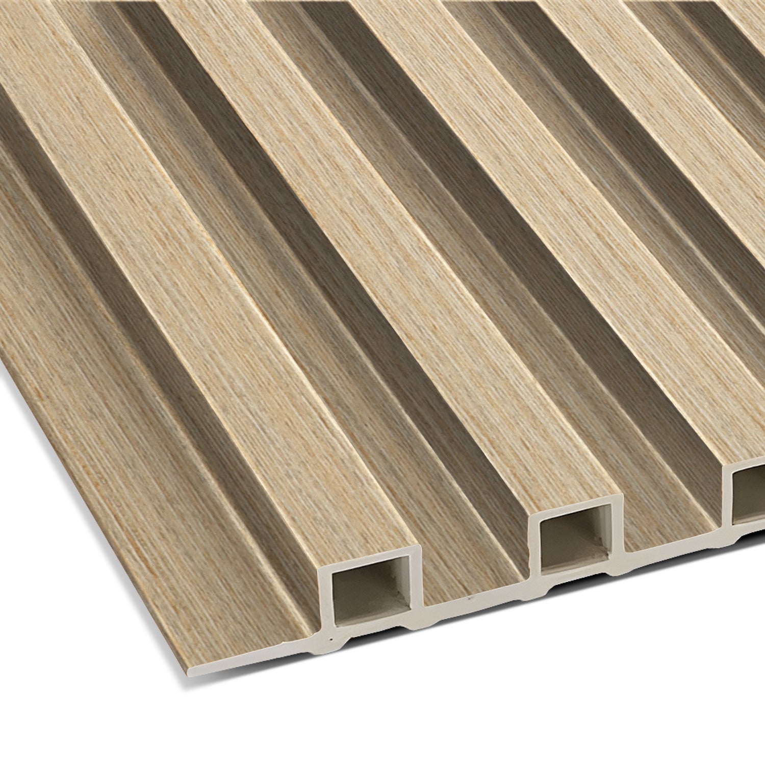 Close-up of Landmark Decor’s Bamboo Grain WPC Fluted Slat Wall Panel, featuring a light wood color, textured surface, and evenly spaced vertical channels—ideal for accent walls or modern interiors.