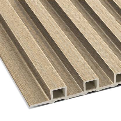 Close-up of Landmark Decor’s Bamboo Grain WPC Fluted Slat Wall Panel, featuring a light wood color, textured surface, and evenly spaced vertical channels—ideal for accent walls or modern interiors.