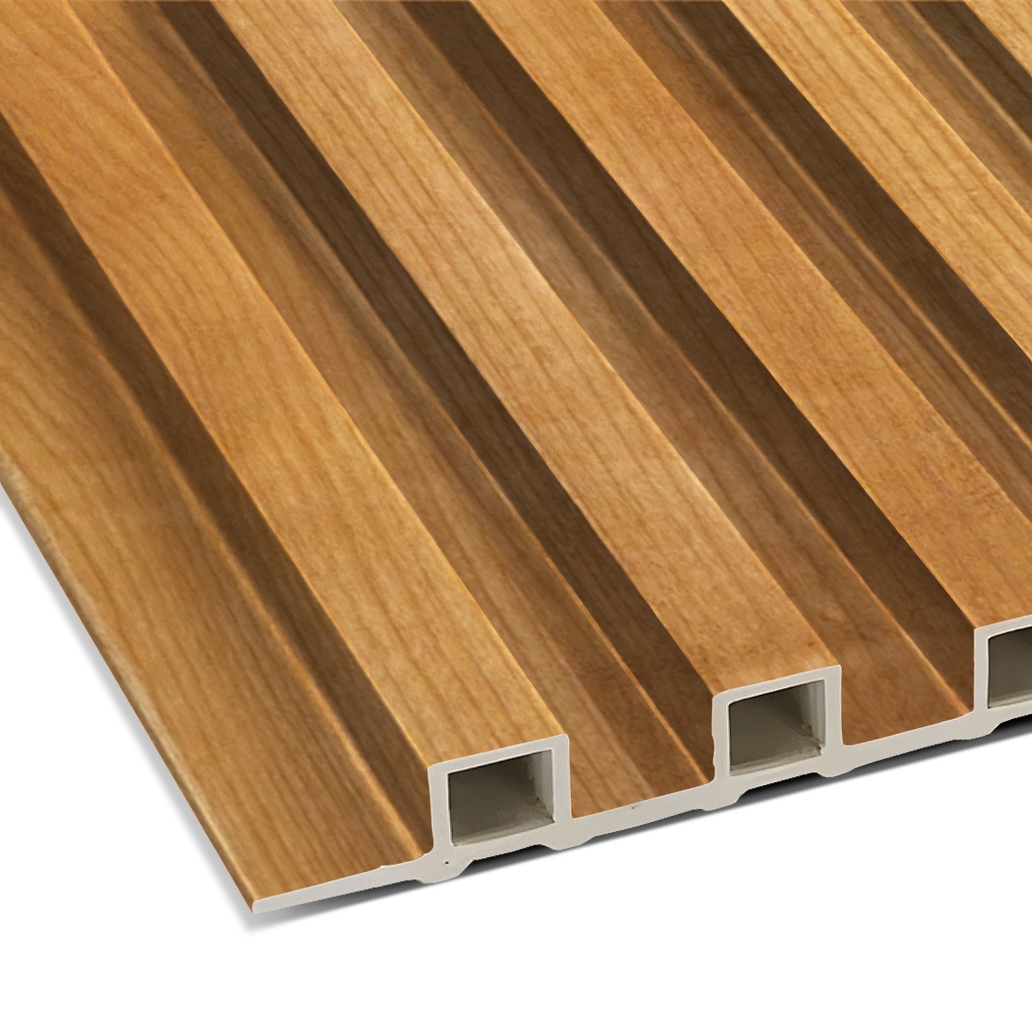 The Landmark Decor Natural Wood Color WPC Fluted Slat Wall Panel features parallel grooves and hollow sections in a rectangular design, wood-like appearance, and is ideal for accent walls or wall cladding.