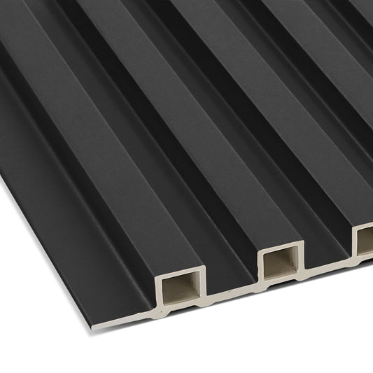 The Landmark Decor Dark Gray WPC Fluted Slat Wall Panel features a grooved ribbed surface with hollow lengthwise channels—perfect for stylish accent or modern interior walls.