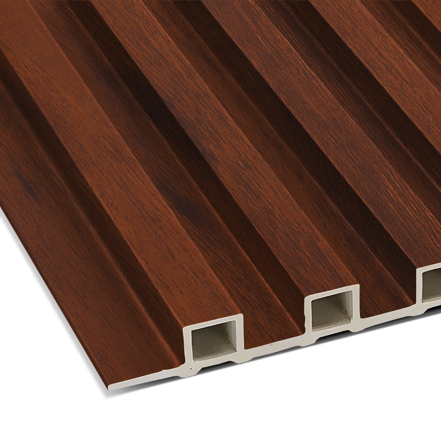 Landmark Decor’s Chocolate Brown WPC Fluted Slat Wall Panel features deep grooves and a wood texture with hollow sections, perfect for accent walls or interiors, shown angled on a white background.