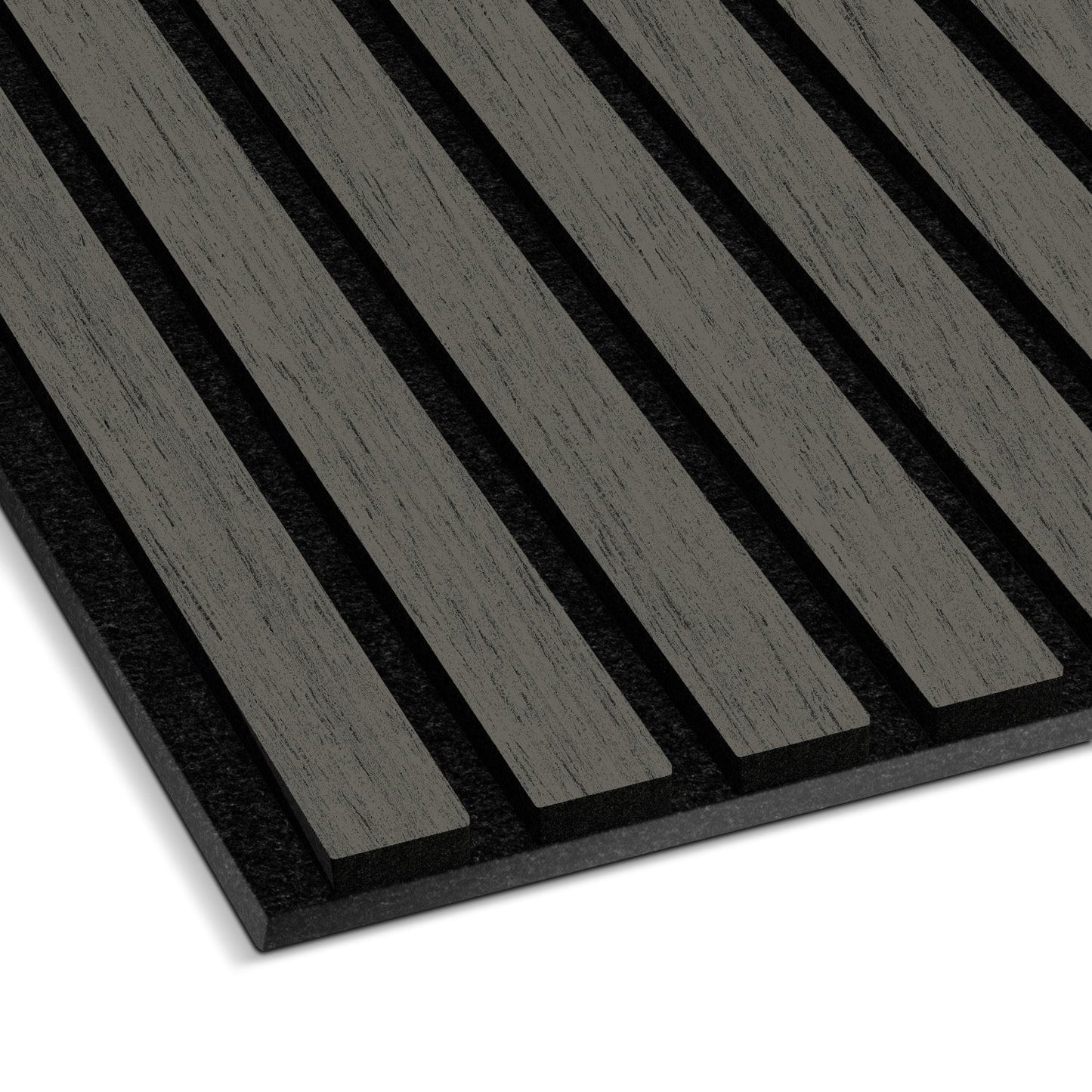 Close-up of the Landmark Decor Grey Oak Acoustic Slat Wall Panel, featuring evenly spaced vertical wooden slats on a dark backing—ideal for soundproofing and giving your interior a modern look.
