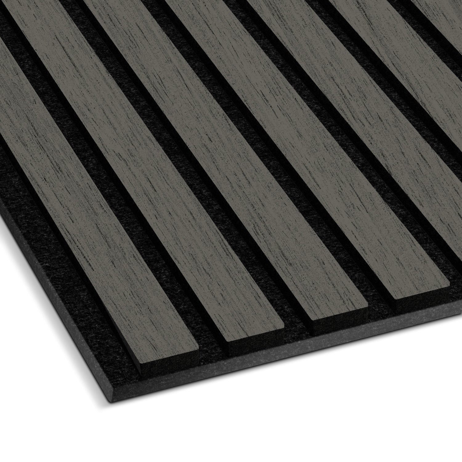 Close-up of the Landmark Decor Grey Oak Acoustic Slat Wall Panel, featuring evenly spaced vertical wooden slats on a dark backing—ideal for soundproofing and giving your interior a modern look.