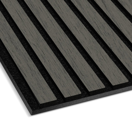 Close-up of the Landmark Decor Grey Oak Acoustic Slat Wall Panel, featuring evenly spaced vertical wooden slats on a dark backing—ideal for soundproofing and giving your interior a modern look.