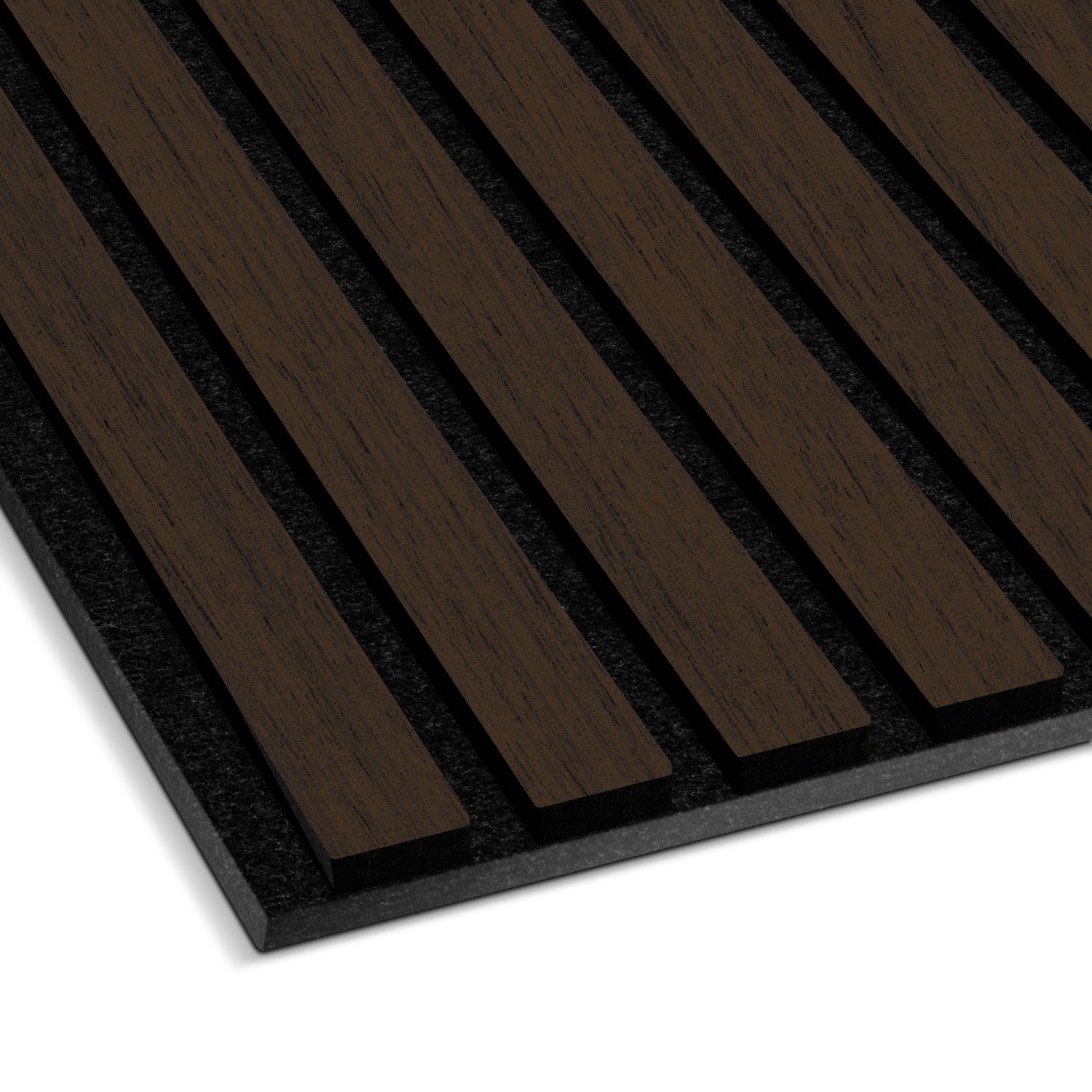 The Landmark Decor Dark Smoke Oak Acoustic Slat Wall Panel features evenly spaced dark real wood slats on a black backing, shown at an angle on a white background—perfect for modern interiors and soundproofing.