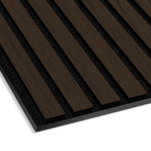 The Landmark Decor Dark Smoke Oak Acoustic Slat Wall Panel features evenly spaced dark real wood slats on a black backing, shown at an angle on a white background—perfect for modern interiors and soundproofing.
