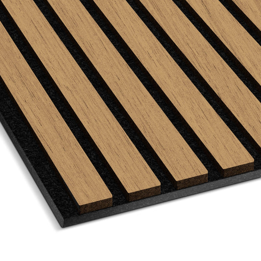 The Landmark Decor Natural Oak Wood Color Acoustic Slat Wall Panel features real wood slats on a black backing, shown close-up at an angle—ideal for enhancing interiors with both style and soundproofing.