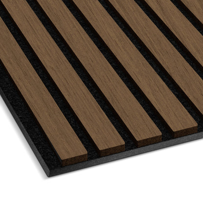 A close-up of the Landmark Decor Walnut Acoustic Slat Wall Panel shows evenly spaced brown wood slats on a black base, ideal for stylish soundproofing in any interior design.