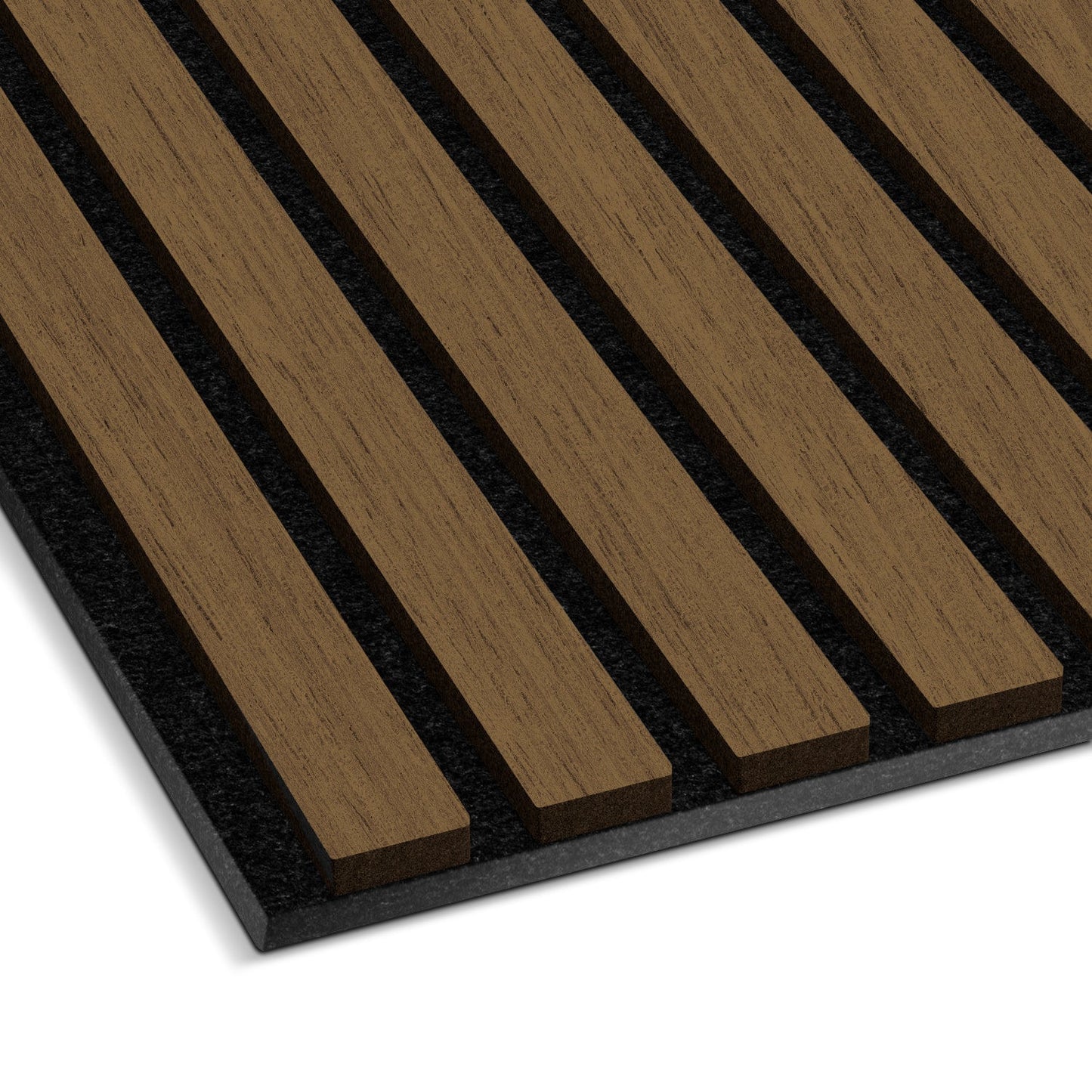 A close-up of the Landmark Decor Light Smoke Acoustic Slat Wall Panel, featuring evenly spaced wood slats on a dark textured base—ideal for soundproofing and elevating modern interiors.