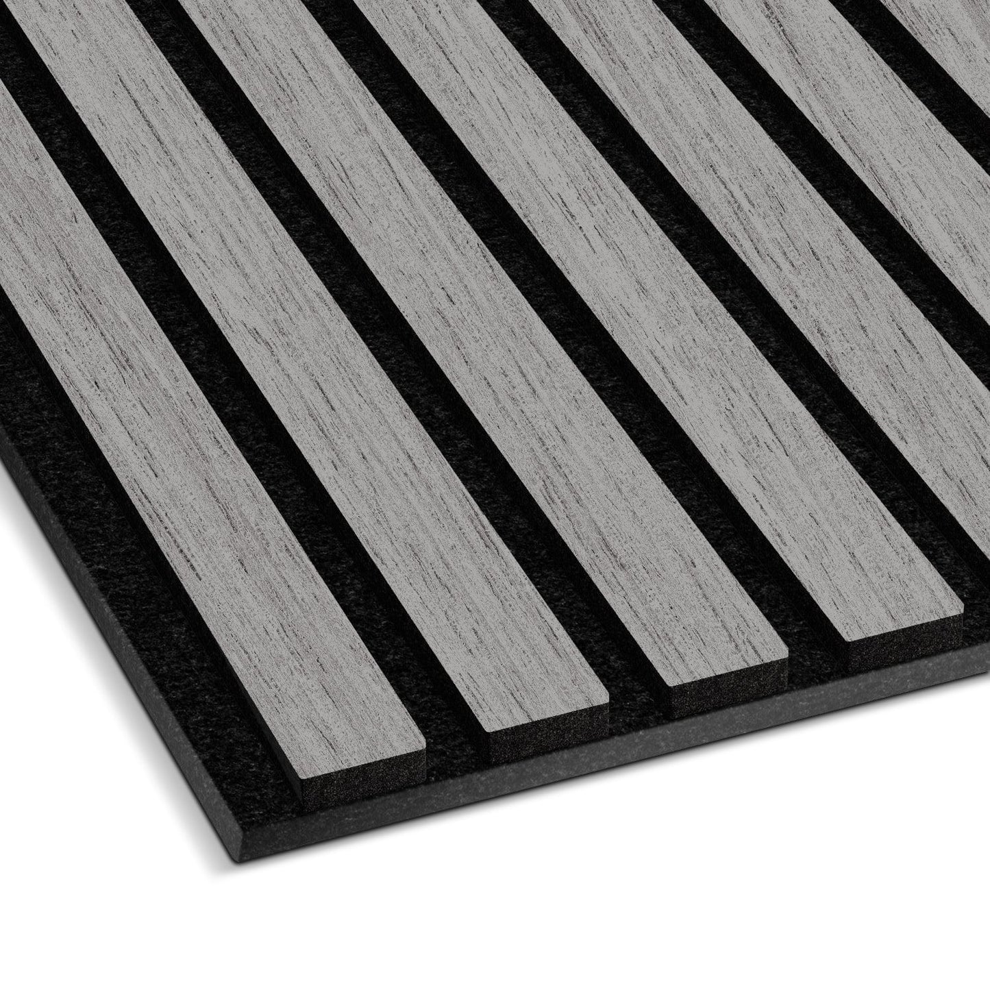 Close-up view of the Landmark Decor Light Gray Acoustic Slat Wall Panel featuring evenly spaced, parallel gray slats on a black background—perfect for adding real wood panels to modern interior designs.