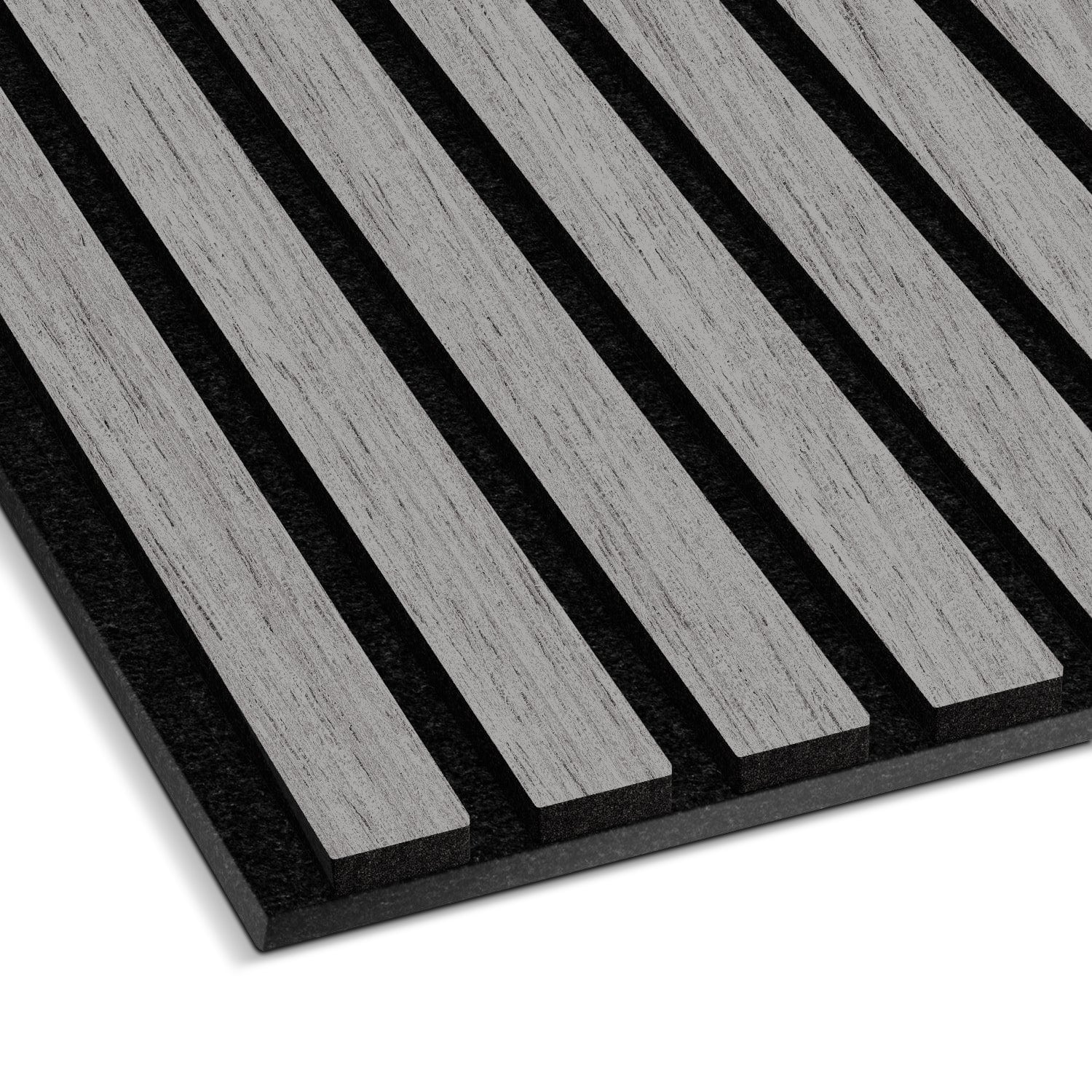 Close-up view of the Landmark Decor Light Gray Acoustic Slat Wall Panel featuring evenly spaced, parallel gray slats on a black background—perfect for adding real wood panels to modern interior designs.