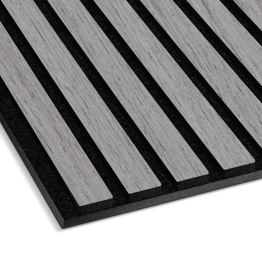 Close-up view of the Landmark Decor Light Gray Acoustic Slat Wall Panel featuring evenly spaced, parallel gray slats on a black background—perfect for adding real wood panels to modern interior designs.