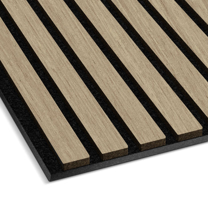 A close-up of the Landmark Decor Light Oak Acoustic Slat Wall Panel, showcasing real wood slats with black grooves on a black base—perfect for soundproofing and elevating interior design.