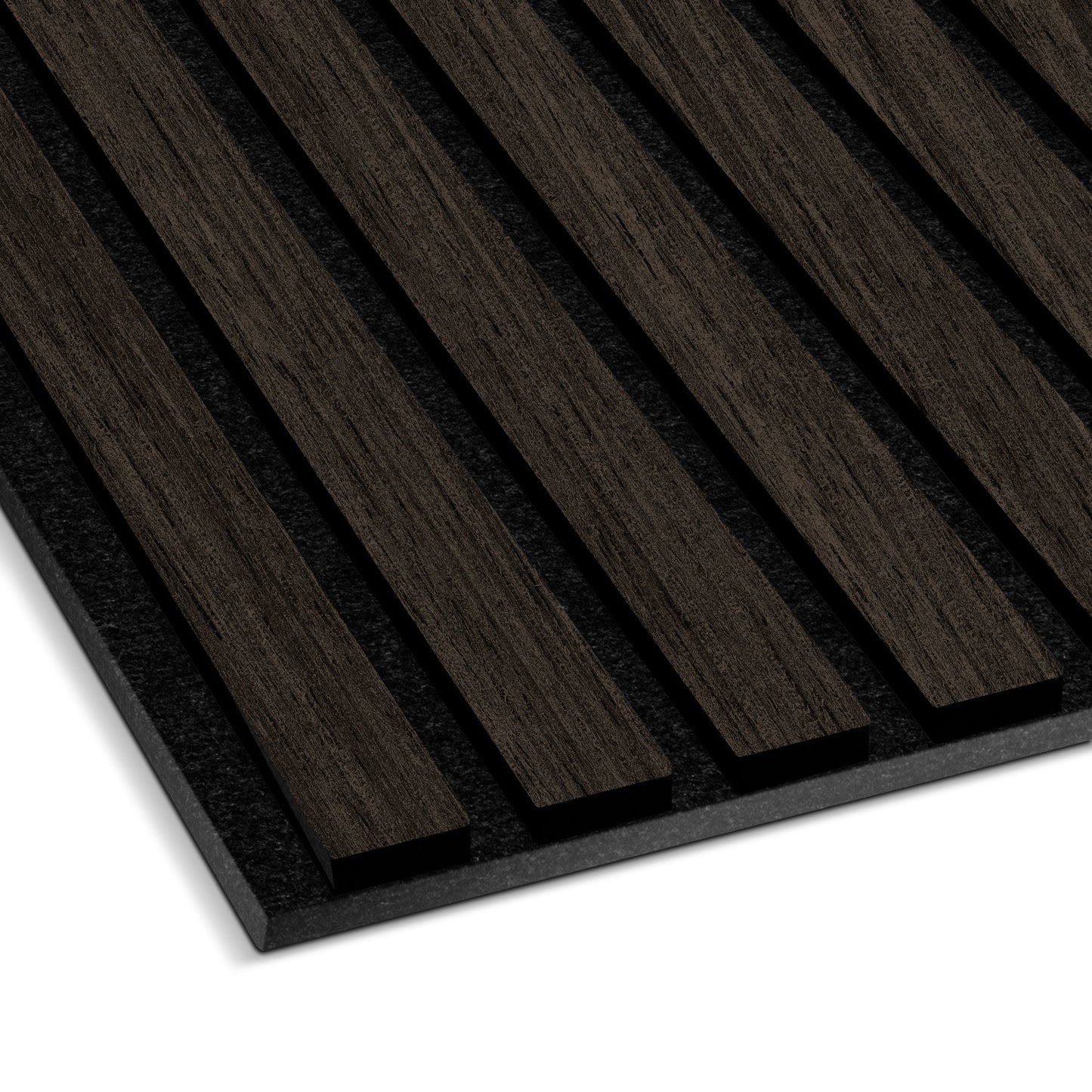 A close-up of the Landmark Decor Dark Gray Acoustic Slat Wall Panel featuring evenly spaced vertical strips on a black backing—ideal for modern interiors and soundproofing.