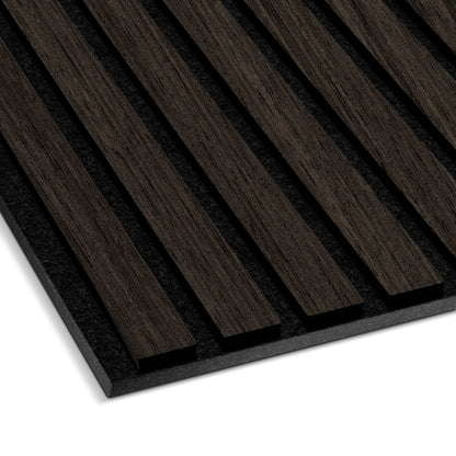 A close-up of the Landmark Decor Dark Gray Acoustic Slat Wall Panel featuring evenly spaced vertical strips on a black backing—ideal for modern interiors and soundproofing.