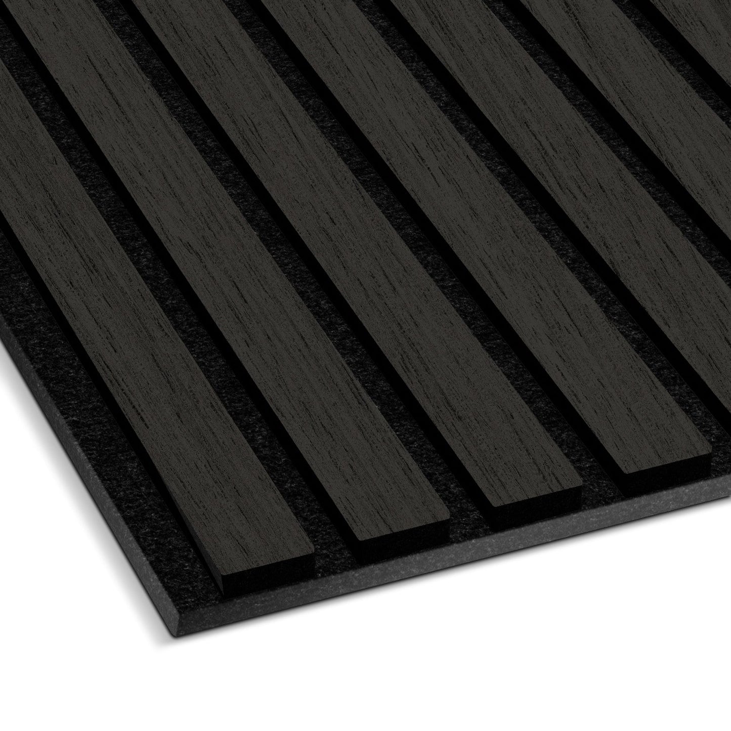 Close-up of Landmark Decor's Black Ebony Acoustic Slat Wall Panel, showcasing real wood slats on a dark backing—ideal for stylish interiors and superior soundproofing.