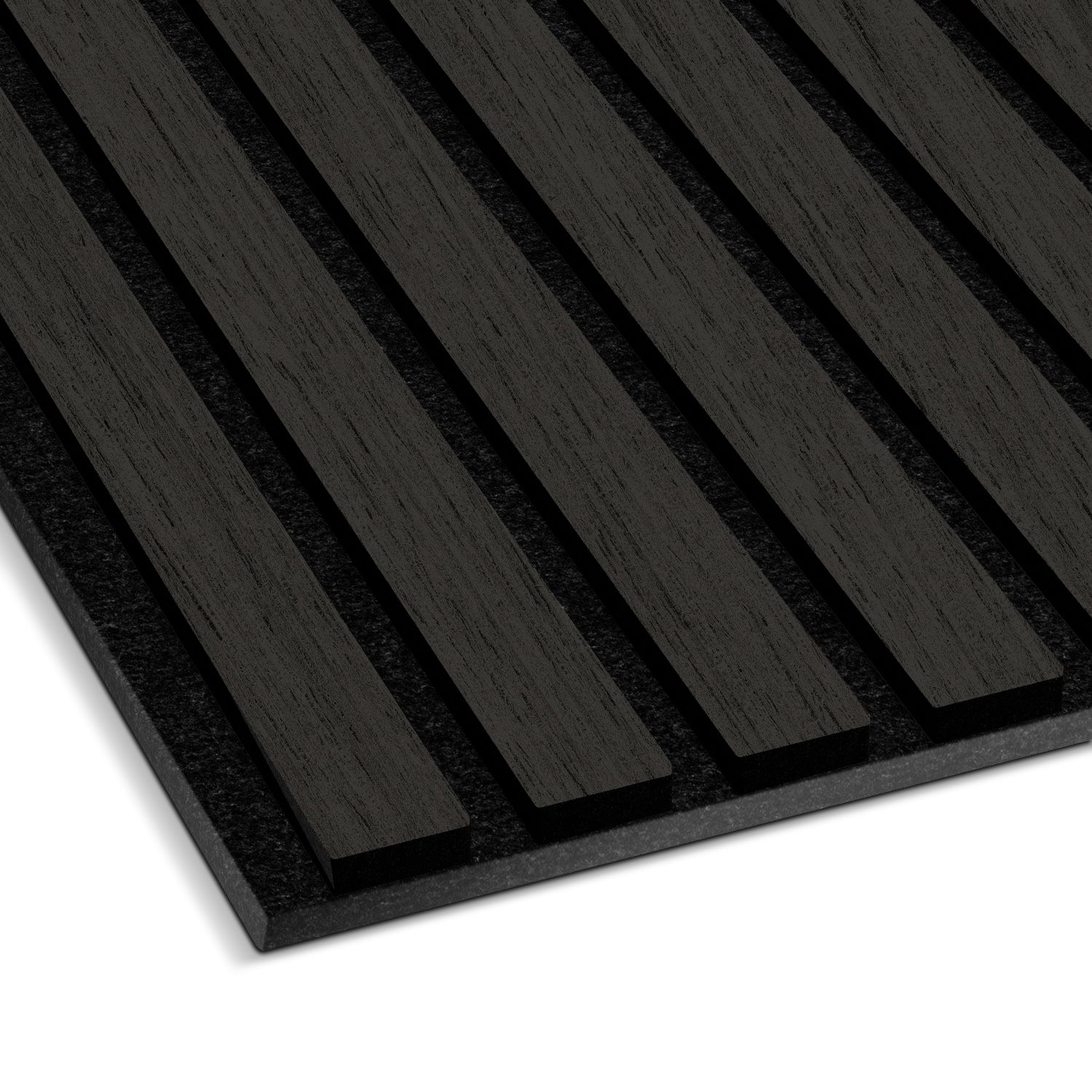 Close-up of Landmark Decor's Black Ebony Acoustic Slat Wall Panel, showcasing real wood slats on a dark backing—ideal for stylish interiors and superior soundproofing.