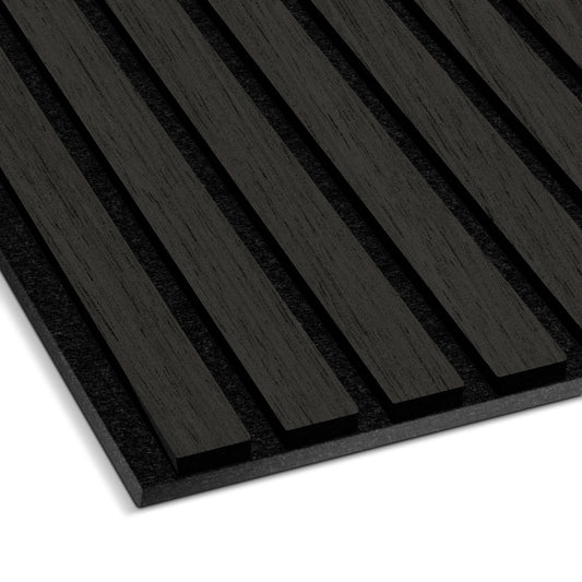 Close-up of Landmark Decor's Black Ebony Acoustic Slat Wall Panel, showcasing real wood slats on a dark backing—ideal for stylish interiors and superior soundproofing.