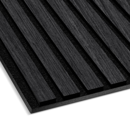 A close-up of the Landmark Decor Van Gogh Acoustic Slat Wall Panel, featuring black vertical slats on a flat base—perfect for modern interiors and superior soundproofing.