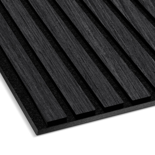 A close-up of the Landmark Decor Van Gogh Acoustic Slat Wall Panel, featuring black vertical slats on a flat base—perfect for modern interiors and superior soundproofing.