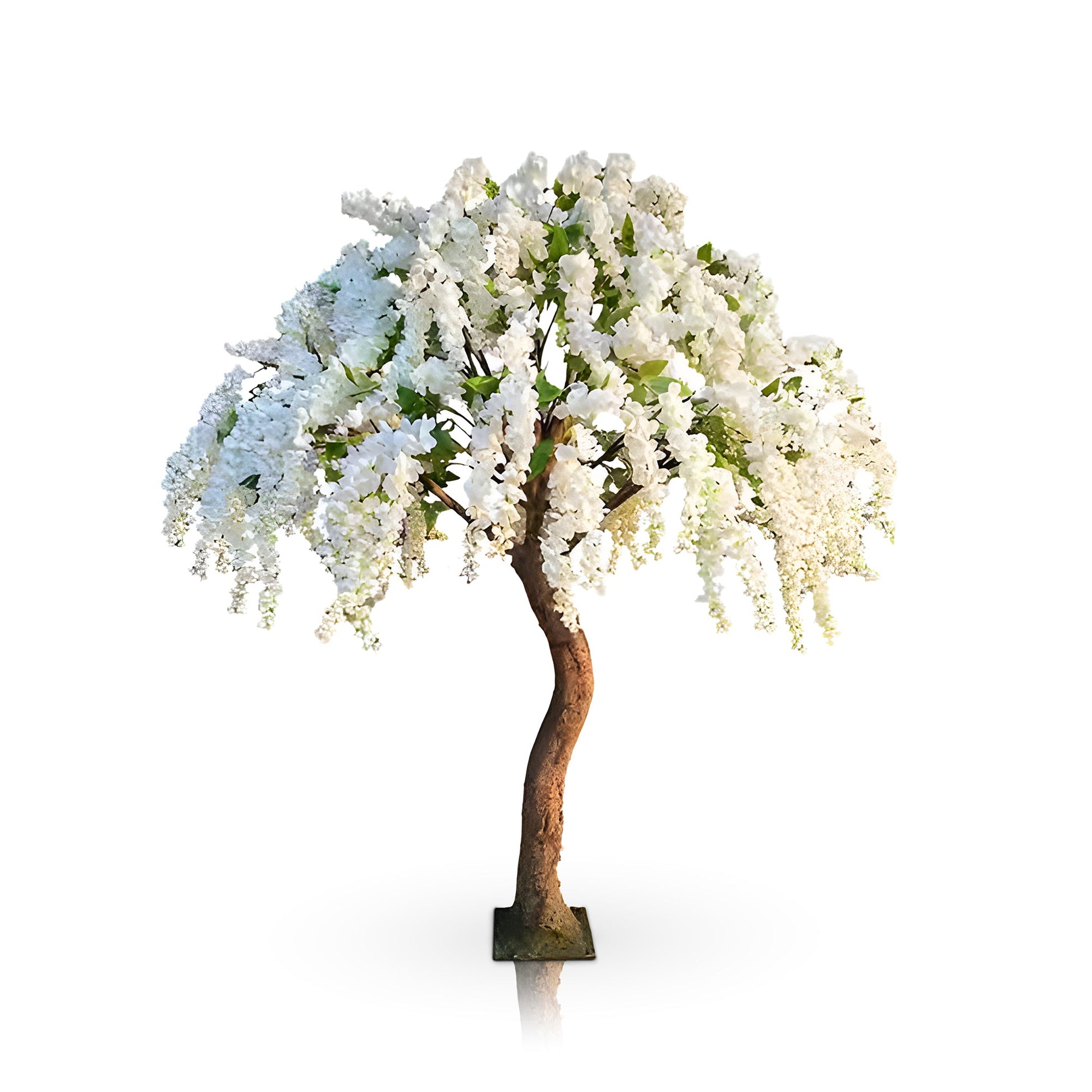 The Snow Cascade Wisteria by Landmark Decor is an artificial wisteria tree with cascading white flowers, reminiscent of white cherry blossoms, and a twisted brown trunk against a plain white background.